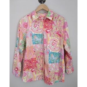 Key West Patchwork Cotton Button Down Top Size M